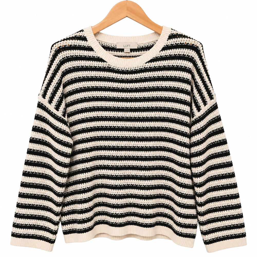 Loft Sweater Womens XL Black White Strip Crew Neck Long Sleeve 100% Cotton NWT